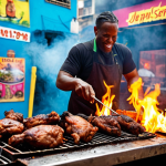 **

Prompt: "A vibrant Jamaican street food scene. Focus on a vendor grilling jerk chicken with flames, lots of smoke, and a colorful backdrop of local life. Capture the spicy essence and authentic feel."

**