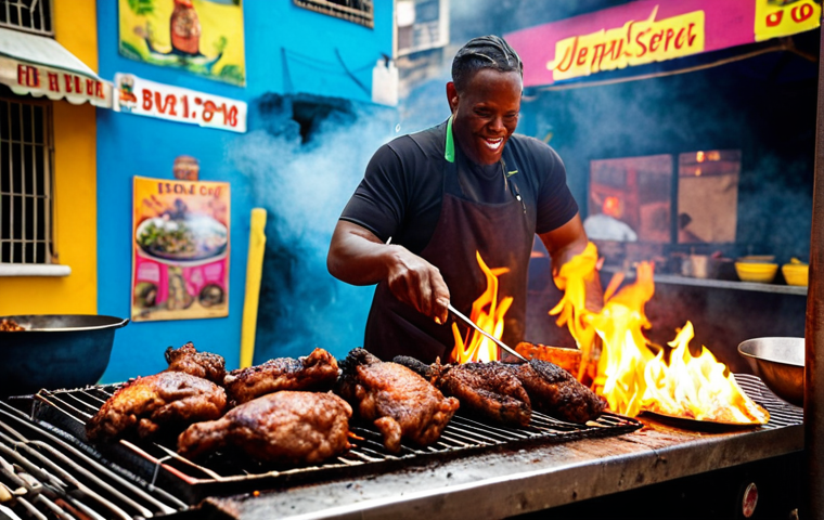 **

Prompt: "A vibrant Jamaican street food scene. Focus on a vendor grilling jerk chicken with flames, lots of smoke, and a colorful backdrop of local life. Capture the spicy essence and authentic feel."

**